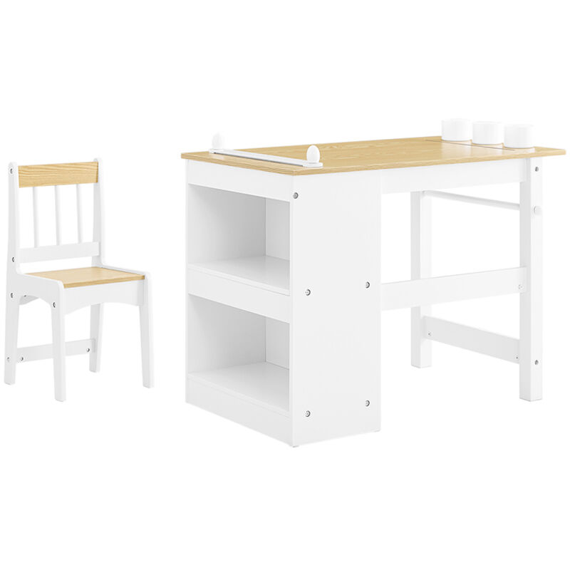 Sobuy - Table Enfant avec Chaise Ensemble 2 Pièces Table et Chaise pour Enfant Bureau avec 2 Étagères Porte-Papier et Rangements Stylos Blanc-Naturel