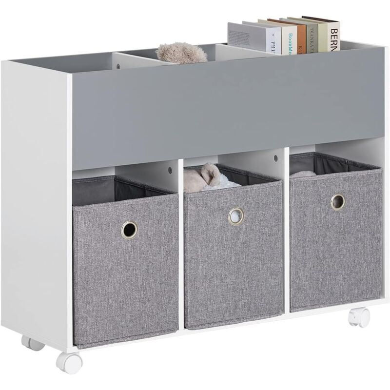 KMB61-HG Étagère pour Enfants avec 3 Compartiments et 3 Boîtes en Tissu Amovible, Étagère pour Chambre d'enfant avec roulettes, Étagère Roulante pour