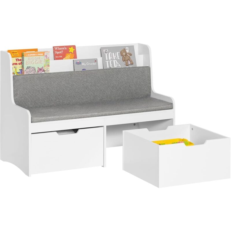 KMB66-W Coffre à Jouets Enfants, Banc de Rangement pour Enfants avec Bibliothèque, 2 Tiroirs sur Roulettes et Coussin d'assise, Blanc - Sobuy