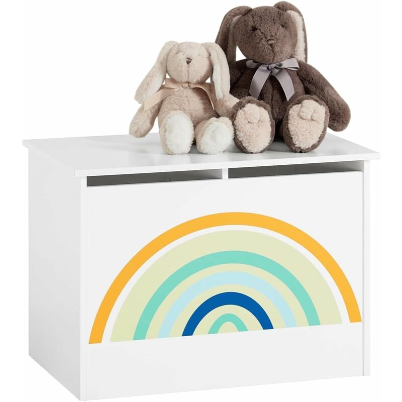 kmb70-w coffre à jouets pour enfants, boîte à jouets, coffre de rangement avec couvercle rabattable, motif arc-en-ciel, 62x44x40 cm, blanc - sobuy
