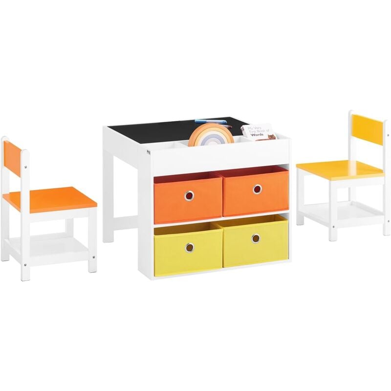 KMB75-K-W Ensemble Table Enfant avec 2 Chaises, Table de Dessin, Table Réversible à Double Face avec Tableau Noir, 4 Boîtes de Rangement, Table