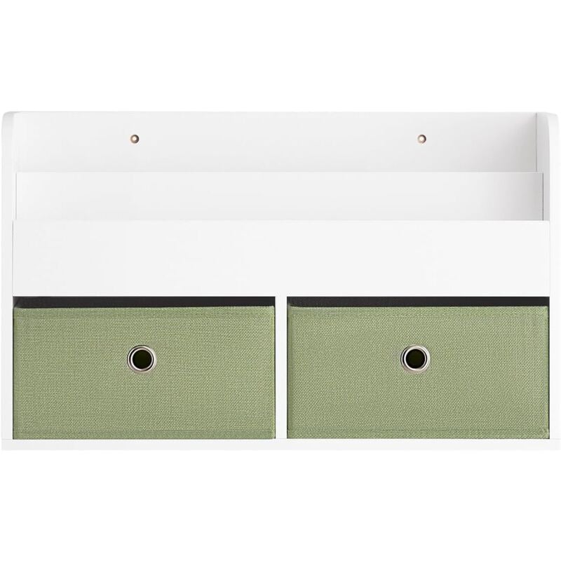 KMB81-W Étagères de Rangement Suspendue, Bibliothèque Murale pour Enfant, Étagère Murale pour Jouets et Livres à 2 Niveaux avec 2 Boîtes de