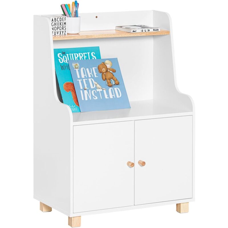KMB84-W Meuble de Rangement pour Chambre d'Enfant, Étagère de Rangement pour Jouets et Livres avec 1 Étagères, 1 Compartiments Ouvert et 2 Portes