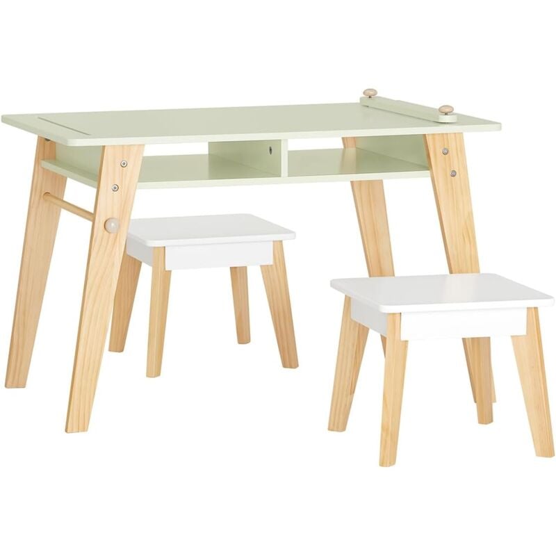 KMB92-GR Ensemble Table d'Enfant + 2 Tabourets pour Enfant, Set de 3 Pièces Table à Dessin pour Enfant avec 1 Porte-Rouleau de Papier et 2