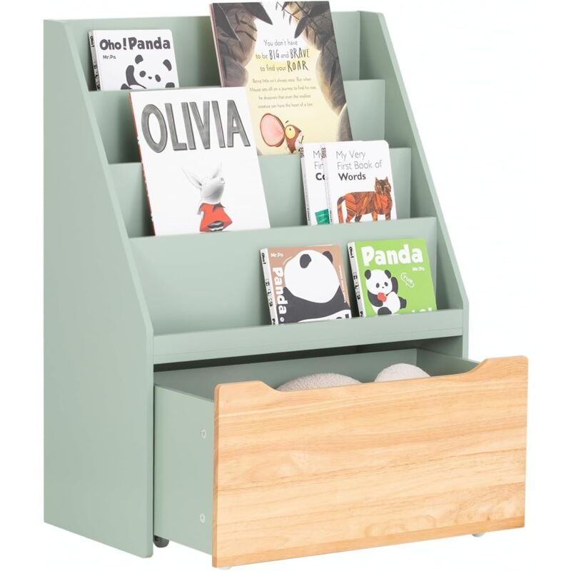 KMB95-GR Étagère à Livres pour Enfant, Bibliothèque à Roulettes pour Chambre d'Enfant, Meuble Rangement Enfant pour Jouets et Livres, 4 Compartiments