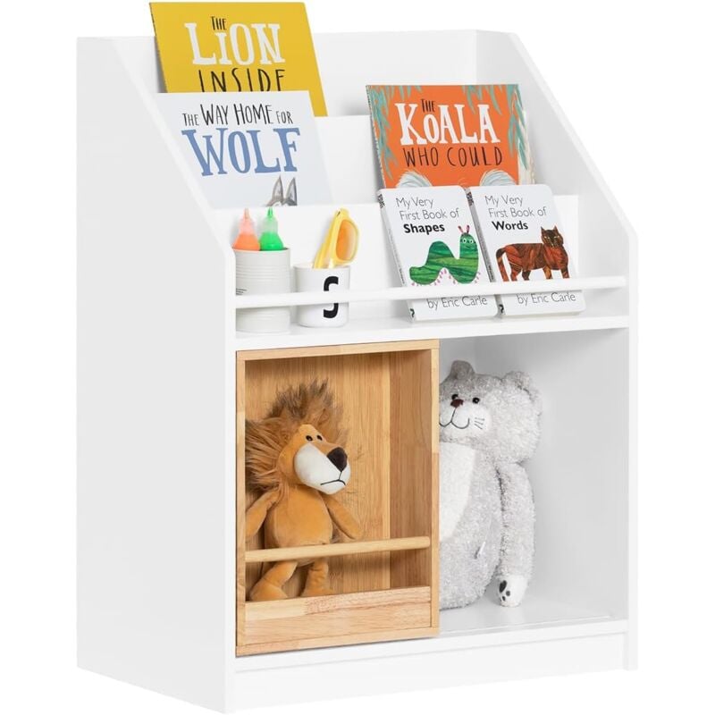 KMB98-W Bibliothèque Enfants Étagère à Livres avec Porte Coulissante, Étagère pour Jouets, Meuble de Rangement pour Chambre d'Enfants, Salle de Jeux,