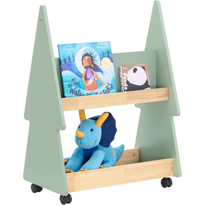 KMB99-GR Bibliothèque Enfant à Roulettes Étagère à Livres Enfant Étagère pour Chambre d'Enfant avec 3 étagères et 4 roulettes, vert naturel, 60 x 36
