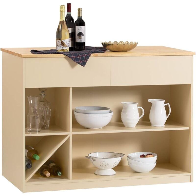 KNL04-MI îlot Central de Cuisine, Placard de Cuisine, Buffet de Rangement, Armoire de Cuisine Multi-rangements avec 1 Plan de Travail, 2 Tiroirs et