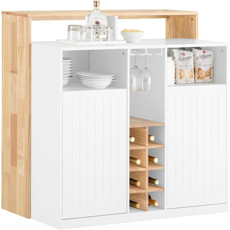 KNL07-WN Ilot Central Mange-Debout Placard de Cuisine Buffet de Rangement Multi-rangements avec 2 Portes, Porte-verres à vin, Porte-Bouteilles et 1