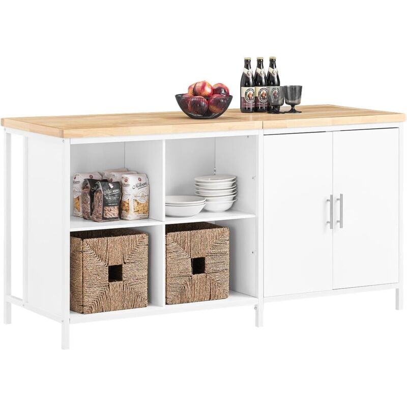 SoBuy KNL09-WN îlot Central de Cuisine avec Plan de Travail en Bois d'hévéa, Desserte de Cuisine, Placard de Cuisine avec 2 Portes, 4 Cubes