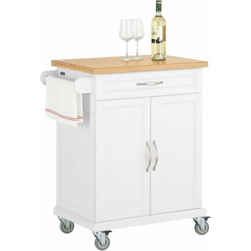 Sobuy - FKW13-WN Küchenwagen mit Bambustischplatte Kücheninsel Küchenschrank weiß-Natur BHT ca.: 66x91x46cm