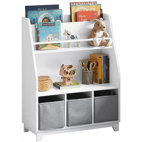 SoBuy Libreria per bambini con vani portaoggetti e 3 scatole Scaffale per giocattoli Scaffale per bambini Organizzatore di giocattoli 63x28x80 cm GRIGIO KMB34-W