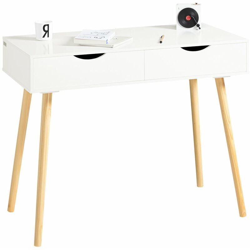 

® Mesa de escritorio, Mesa de ordenador con 2 cajones,color blanco, L 90 x H 77 cm,FWT40-WN,ES - Sobuy