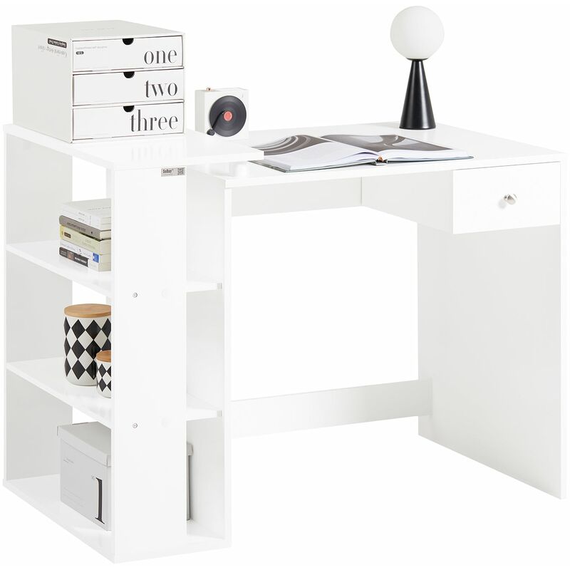 

® Mesa de escritorio, Mesa de ordenador con un cajón y 4 estantes ,color blanco, L 101 x H 76 cm,FWT35-W,ES - Sobuy