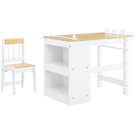 SoBuy Mesa Infantil con Silla Conjunto de 2 Piezas Mesa y Silla para Niños Escritorio con 2 Estantes Porta Papeles y Almacenes para Bolígrafos Blanco-Natural 80x50x66 KMB60-WN