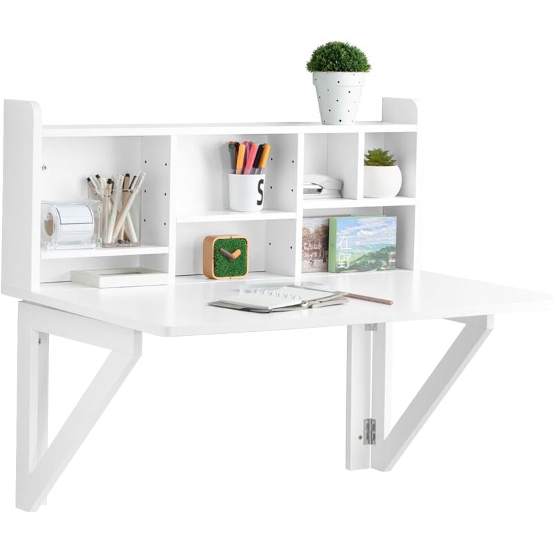 Sobuy - FWT07-II-W Bureau Table Murale Rabattable avec Armoire Murale intégrée, Table Cuisine Pliable, Table de Repas -Blanc