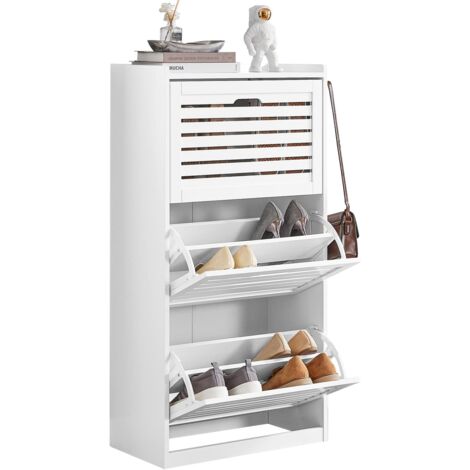 Sobuy – Meuble à chaussures 3 abattants FSR108W – Dimensions L55cm x P30cm x H112cm – MDF E1 et panneaux de particules – 2 crochets en bambou