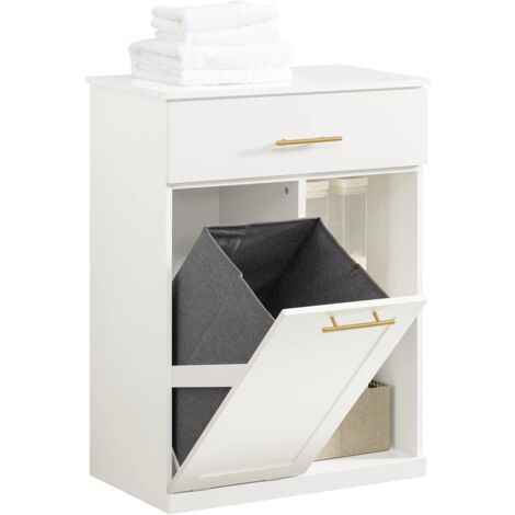Sobuy – Armoire à linge BZR66W – Meuble bas de salle de bain avec 1 tiroir et 2 compartiments – Dimensions 66x37x95 cm – MDF et textile blanc