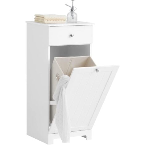 SoBuy Meuble Bas de Salle de Bain Armoire Toilette avec 1 tiroir et 1 Panier à Linge Meuble de Rangement Corbeille, BZR21-W