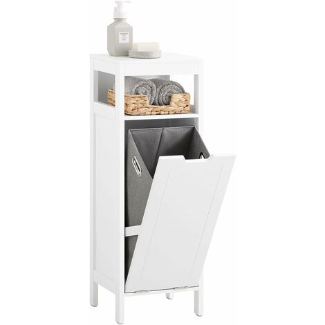 Sobuy – Meuble bas de salle de bain BZR122W – MDF laqué blanc – Dimensions L30 x P30 x H90 cm – Panier à linge textile inclus – Capacité 15 kg