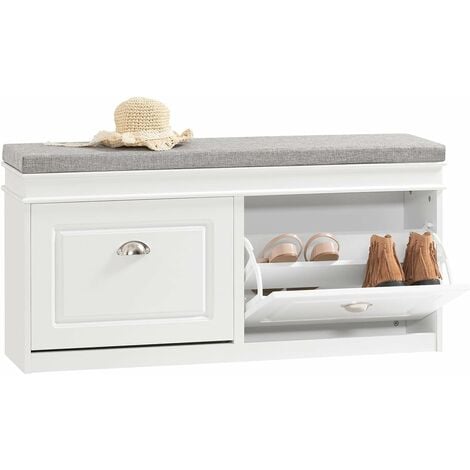 SoBuy Meuble Chaussure Rangement Chaussure Banc Chaussures Entrée - 2 Abattants avec Coussin Amovible, Coffre de Rangement Étagère pour Entrée Étroit Bois Laqué, L104xP24xH51cm, Blanc, FSR64-W