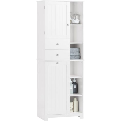 Sobuy – Colonne de salle de bain BZR104W – Armoire haute avec 2 portes, 2 tiroirs, 6 étagères – MDF laqué blanc – Fixation murale incluse