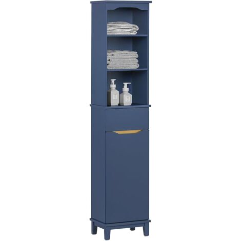 Sobuy – Colonne de salle de bain BZR112B – Bois MDF laqué bleu – 3 compartiments ouverts, 1 tiroir, 1 porte – Dimensions H170cm x L35cm x P30cm