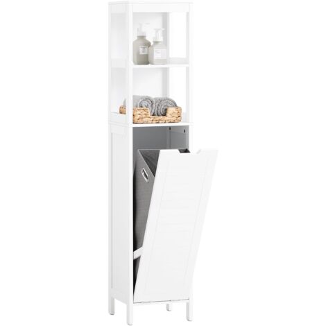 Sobuy – Colonne de salle de bain 145cm BZR123W – Bois MDF laqué blanc – 2 étagères ouvertes – Sac à linge textile non-tissé