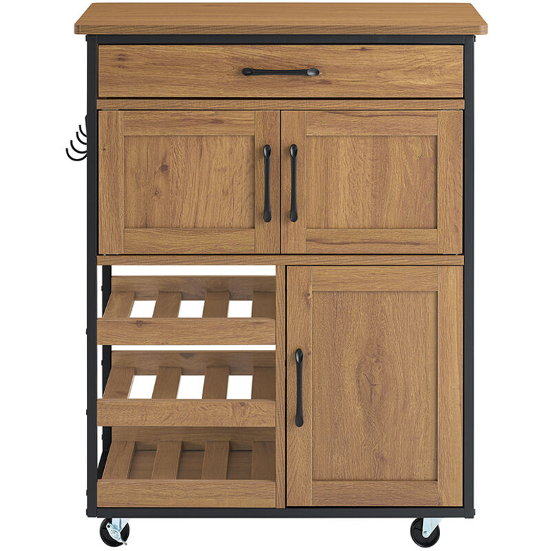 Sobuy – Desserte de cuisine à roulettes avec plan de travail – Tiroir, range-bouteilles, crochets – Vintage marron 67x88x37cm – FKW134N