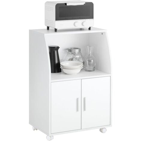 SoBuy Meuble Cuisine à roulettes – Desserte Cuisine avec Portes et Étagère Réglable – Meuble de Rangement Compact pour Micro-Ondes, Bureau ou Salle à Manger, 92x59x40 cm, Blanc FRG241-W