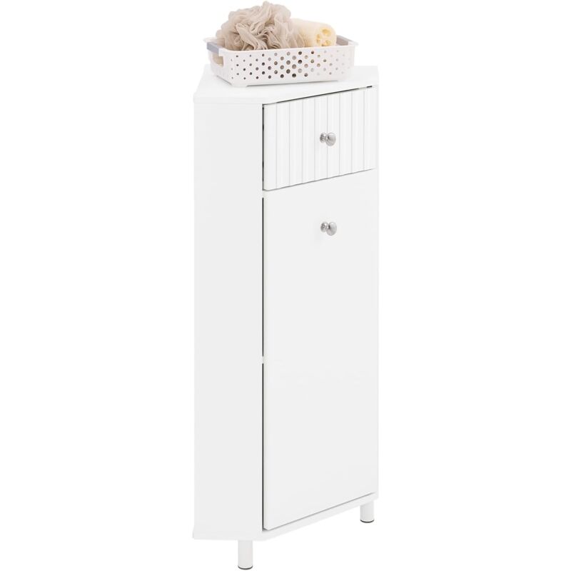 Meuble de Rangement d'Angle Salle de Bain, Armoire de Rangement Placard de Rangement Étroite, 1 Tiroir et 1 Porte, Blanc, Fixation au sol ou mur,