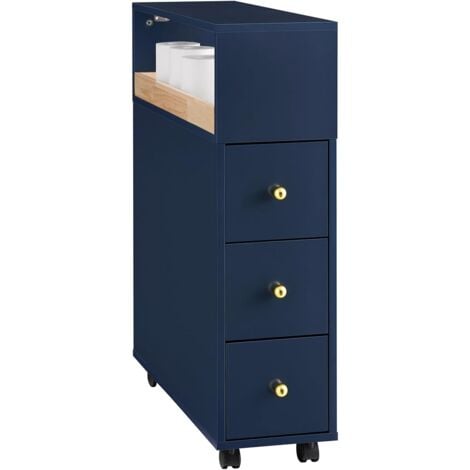 SoBuy Meuble de Rangement Salle de Bain Étroit sur Roulettes, Support Papier Toilette, Armoire Toilettes WC Compact, Rangement Polyvalente, 1 Plateau Amovible et 3 Tiroirs, 23x65x83cm, Bleu, BZR195-B