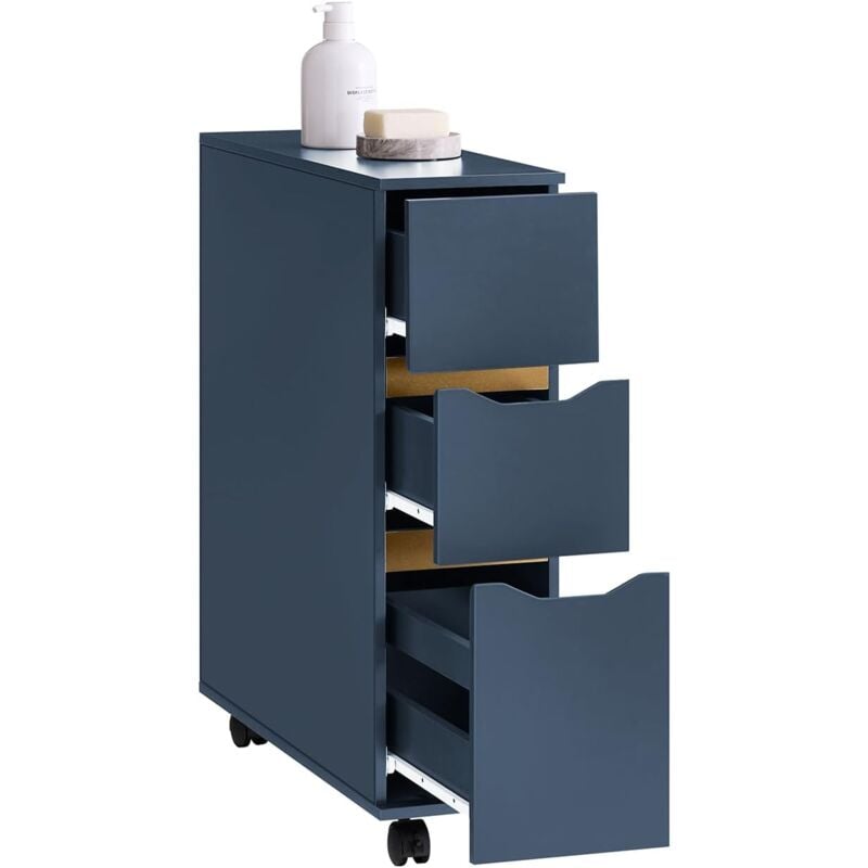 SoBuy Meuble de Rangement Salle de Bain Étroit sur Roulettes, Support Papier Toilette avec Roulettes, Armoire Toilettes WC Compact, 3 Tiroirs,