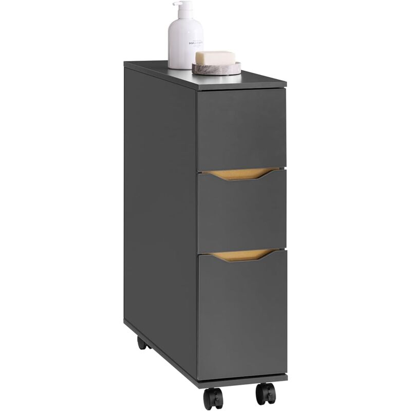 Meuble de Rangement Salle de Bain Étroit sur Roulettes, Support Papier Toilette avec Roulettes, Armoire Toilettes wc Compact, 3 Tiroirs, 20x60x70cm,