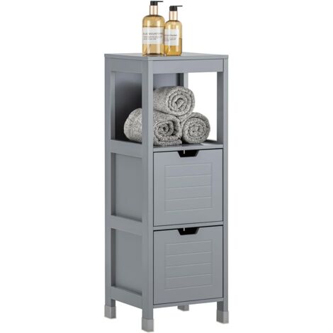 Sobuy – Meuble demi-colonne salle de bain 30x30x90cm – Bois MDF laqué gris – 1 étage et 2 tiroirs – Sangle anti-renversement – FRG127SG