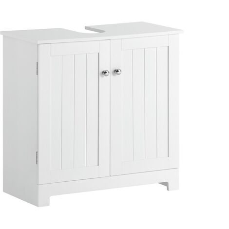 Sobuy – Meuble sous vasque simple 60cm – Bois MDF laqué blanc – 2 portes avec aimants – Rangement optimisé pour siphon – BZR18W
