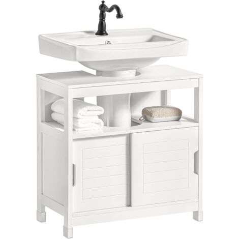 Sobuy – Meuble bas de salle de bain 60x30x61 cm en bois MDF laqué blanc – 2 portes coulissantes – Capacité 30 kg – FRG128IIW