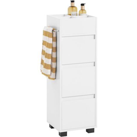 Sobuy – Colonne de salle de bain 30x30x90 cm – 3 tiroirs, 4 niches, porte-serviettes réglable – MDF laqué blanc, résistant à l'humidité