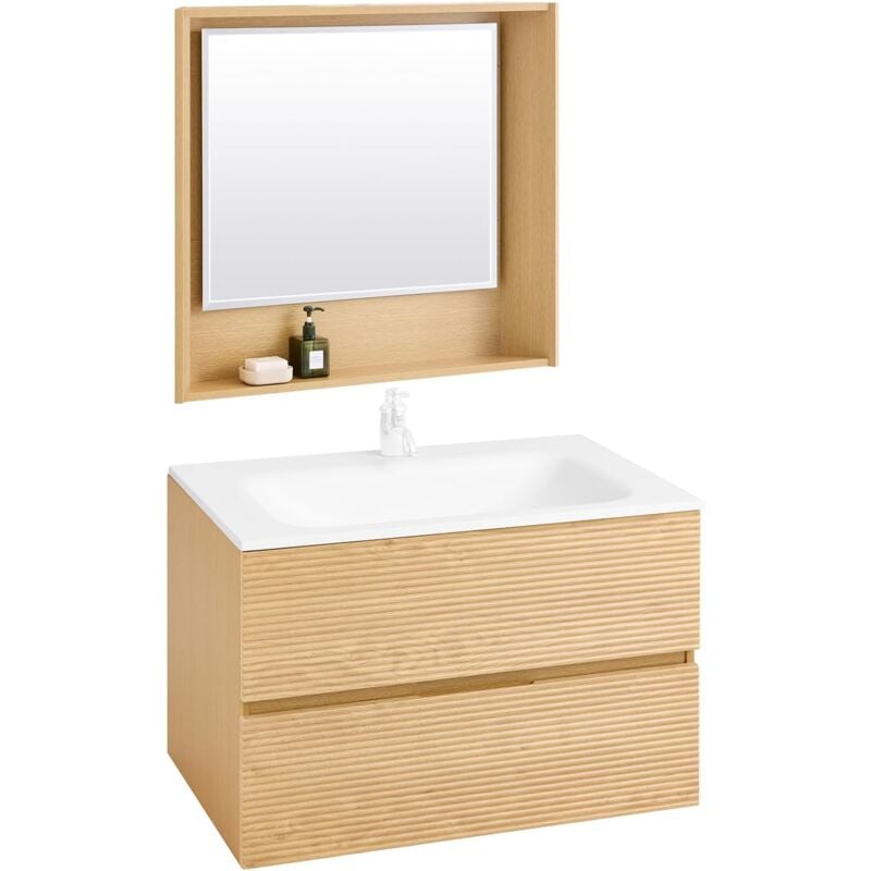Meuble Suspendu pour Lavabo avec miroir Meuble sous vasque avec miroir Ensemble de Lavabo avec miroir Meuble Lave-Mains avec miroir, Couleur Bois,