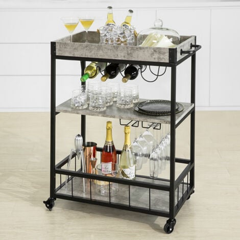 SoBuy Modern Design 3 Tiers Kitchen Trolley Serving Trolley with Wine Rack Metal & MDF,FKW56-HG