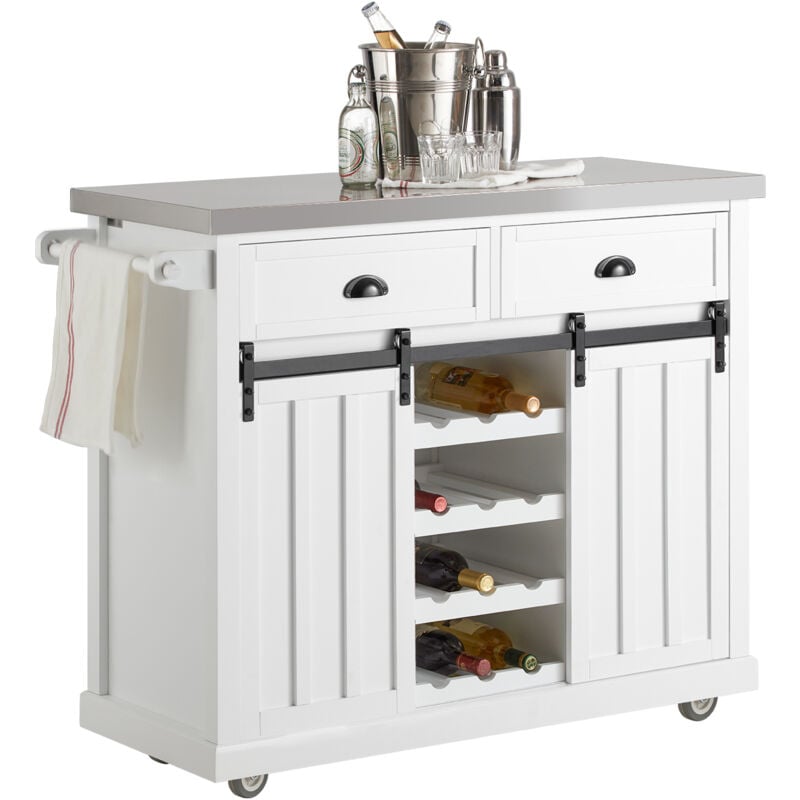 Sobuy - New Kitchen Storage Trolley Kitchen Cabinet Kitchen Island with Stainless Steel Top and Sliding Doors,FKW94-W
