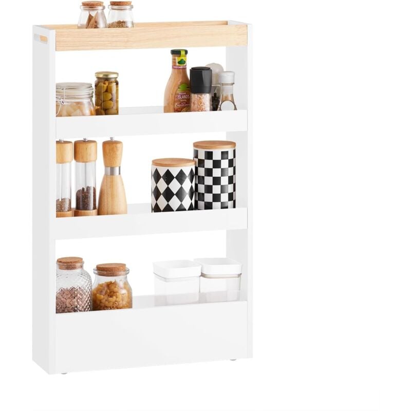 SoBuy NSR12-W Étagère de Niche à roulettes en Bois Meuble de Rangement Cuisine Chariot Placard Alcôve Chariot de Service 4 Étages -Salle de Bain,