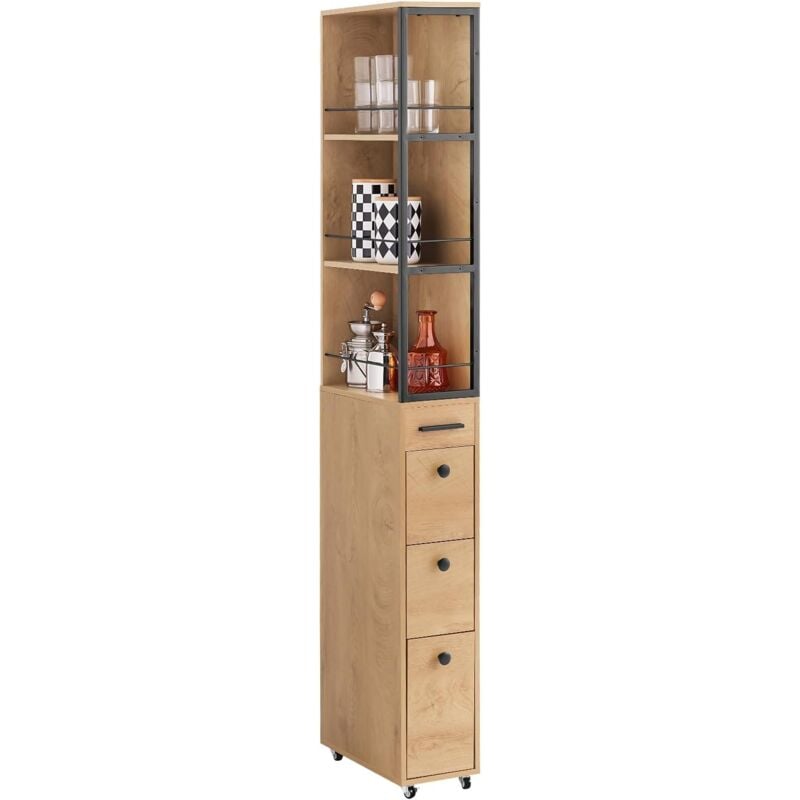 Sobuy - NSR13-N Meuble Colonne, Armoire Haute à Roulettes, Meuble de Rangement Étroit avec 3 Étages et 3 Tiroirs, Pour Salle de Bain, Cuisine, Salle