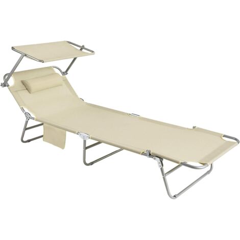SoBuy OGS48-MI Sonnenliege mit abnehmbarem Kopfkissen und verstellbarem Sonnendach Gartenliege mit Seitentasche Strandliege Relaxstuhl Liegestuhl klappbar Beige bis 150 kg belastbar