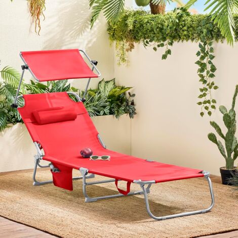 SoBuy OGS48-Rx2 2-er Set Sonnenliege mit abnehmbarem Kopfkissen und verstellbarem Sonnendach Gartenliege mit Seitentasche Strandliege Relaxstuhl Liegestuhl klappbar Rot bis 110 kg belastbar