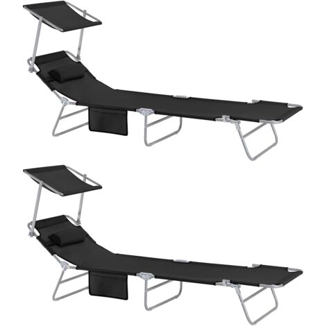 SoBuy OGS48-SCHx2 2-er Set Sonnenliege mit abnehmbarem Kopfkissen und verstellbarem Sonnendach Gartenliege mit Seitentasche Strandliege Relaxstuhl Liegestuhl klappbar Schwarz bis 150 kg belastbar
