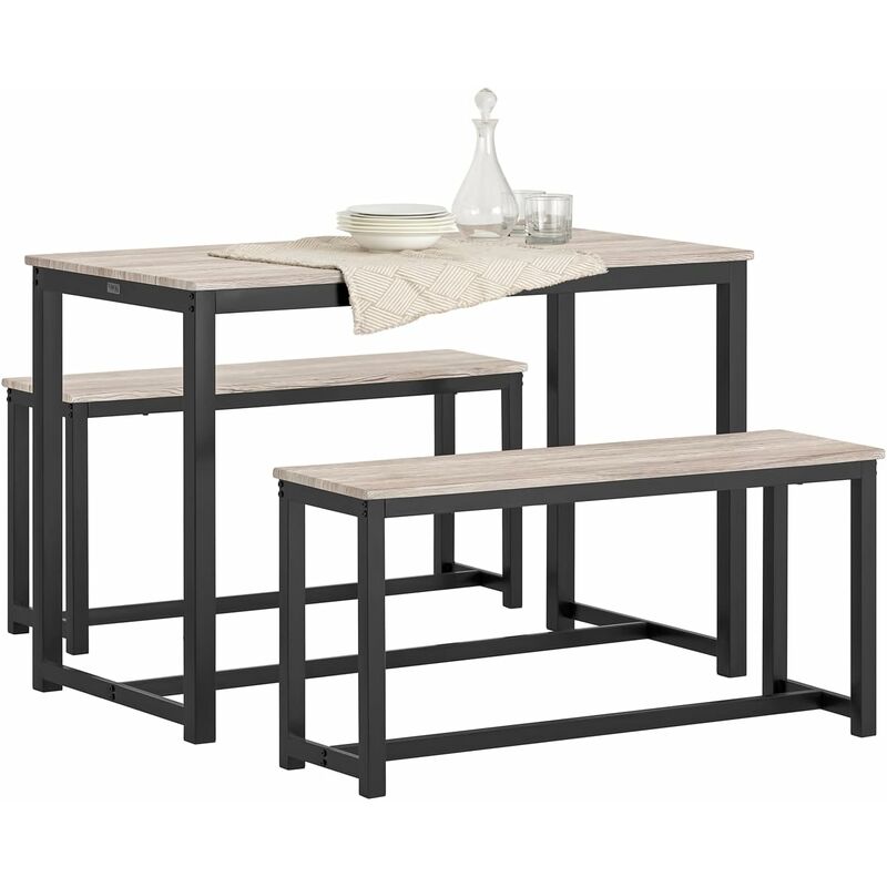 OGT25-HN Ensemble Table à Manger et 2 Bancs, Set de 3 Pièces, Ensemble de Table de Cuisine avec 2 Bancs pour Salle à Manger, Salon, Balcon, Cadre en
