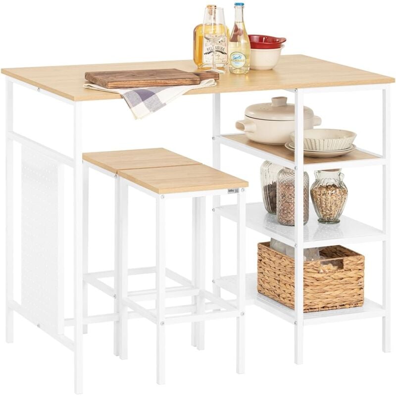 Sobuy - OGT51-WN Ensemble Table et 2 Tabourets, Table Cuisine avec 3 Étagères Latérales, Table Haute Mange-Debout pour Cuisine, Salle à Manger,
