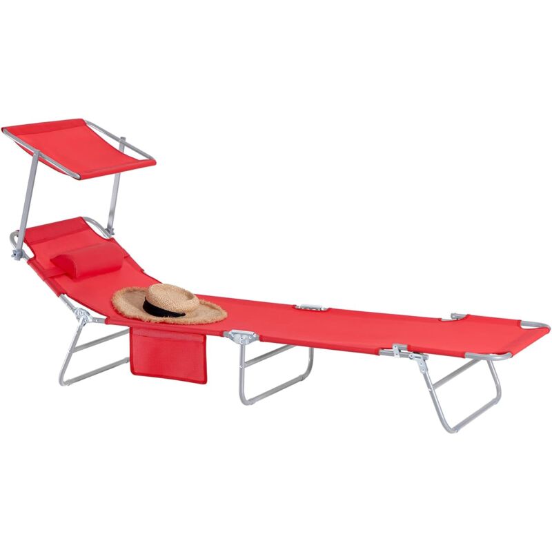 Outdoor Garden Beach Folding Chair Sun Lounger with Adjustable Sun Shade and Backrest,Red,OGS48-R - Sobuy