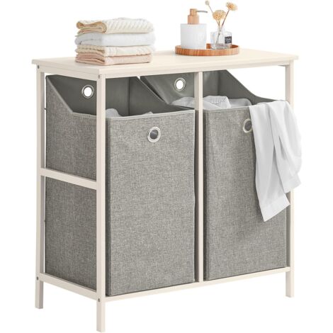 Sobuy – Panier à linge sur pied BZR57W – 2 compartiments avec sacs amovibles – Bois de peuplier et métal – Dimensions L77 x P38 x H80 cm